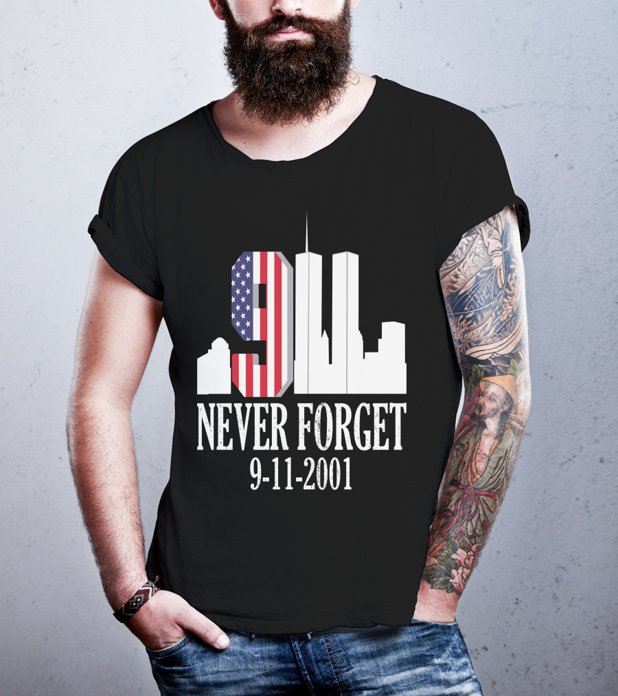 Never Forget 9-11-2001 American Flag Twin Towers Skyline T-Shirt