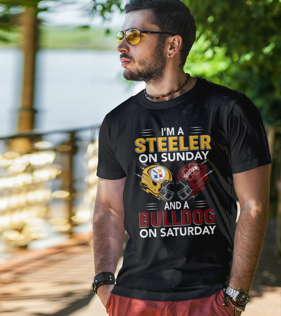 I'm A Steeler On Sunday And A Bulldog On Saturday Football Helmet Design With Team Logos T-Shirt