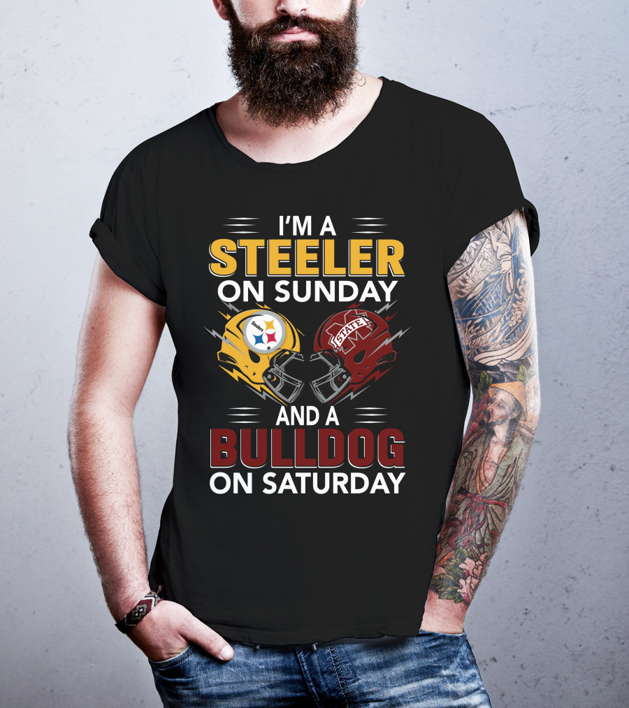 I'm A Steeler On Sunday And A Bulldog On Saturday Football Helmet Design With Team Logos T-Shirt