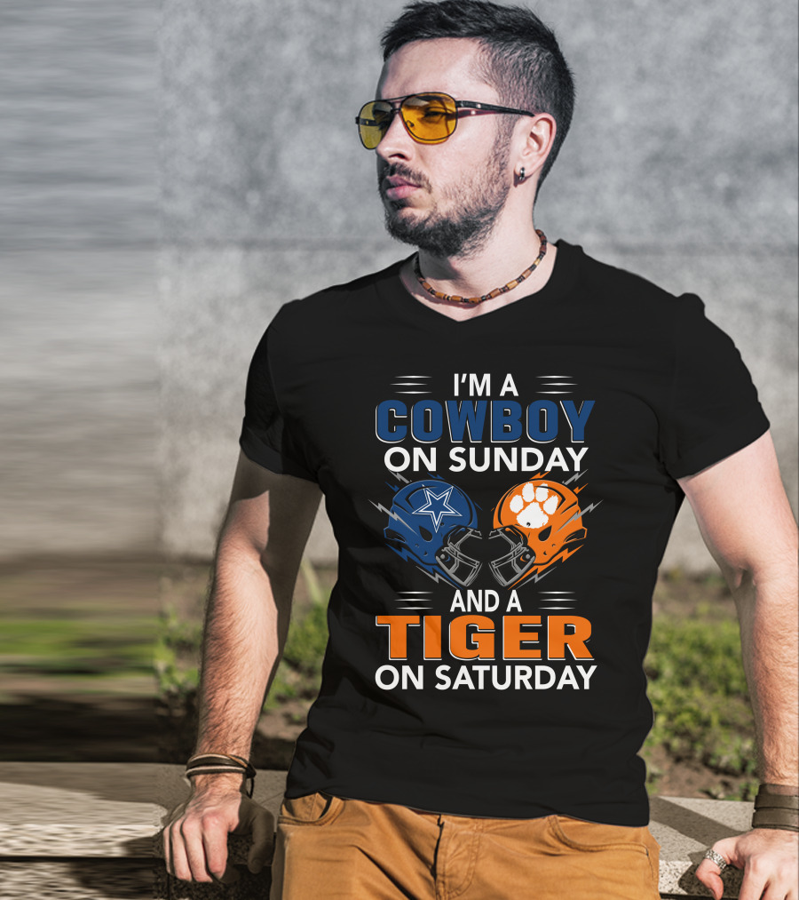 I'm A Cowboy On Sunday And A Tiger On Saturday Football Helmets Rivalry T-Shirt