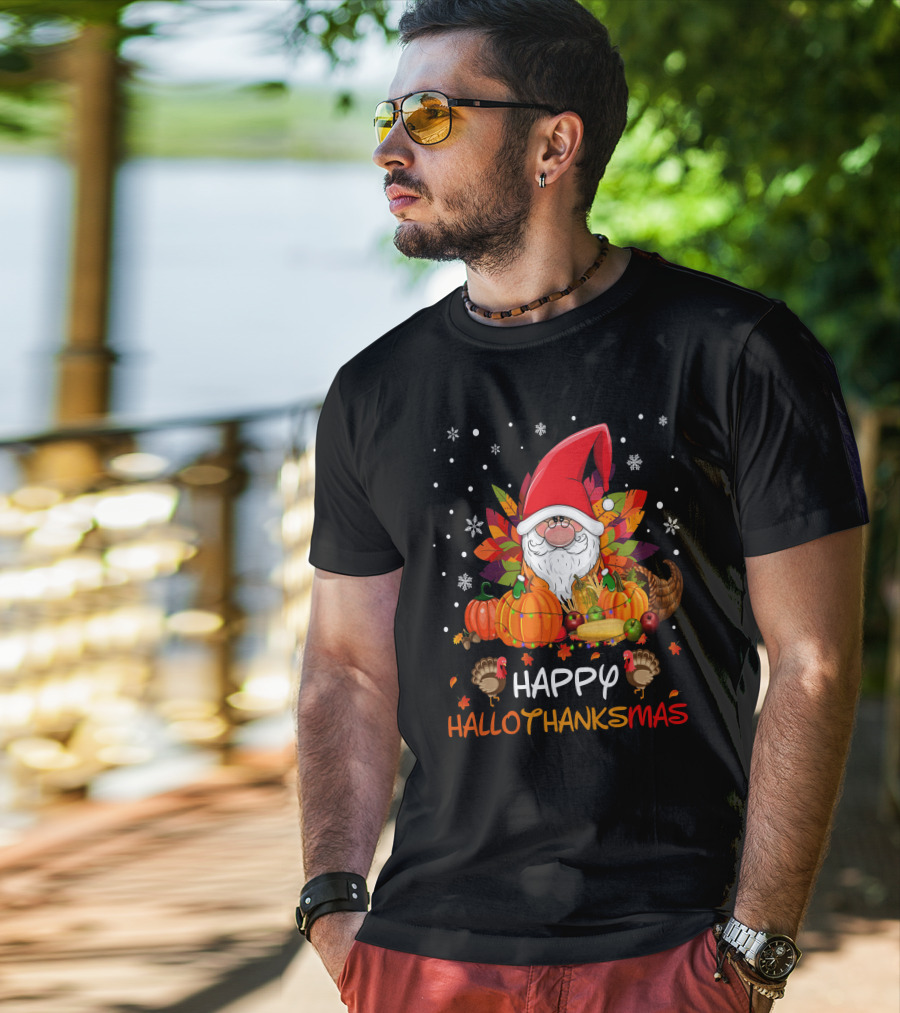 Happy HalloThanksMas Santa Hat Pumpkins Turkeys Cornucopia Snowflakes T-Shirt