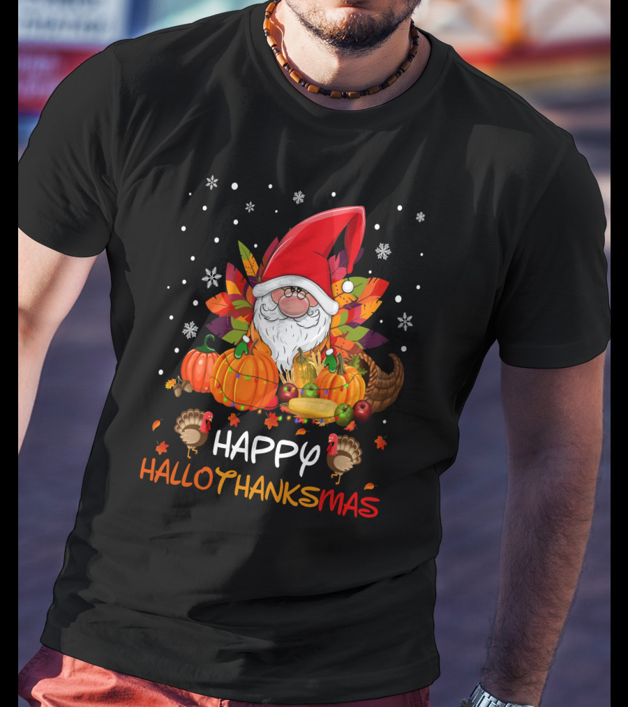 Happy HalloThanksMas Santa Hat Pumpkins Turkeys Cornucopia Snowflakes T-Shirt