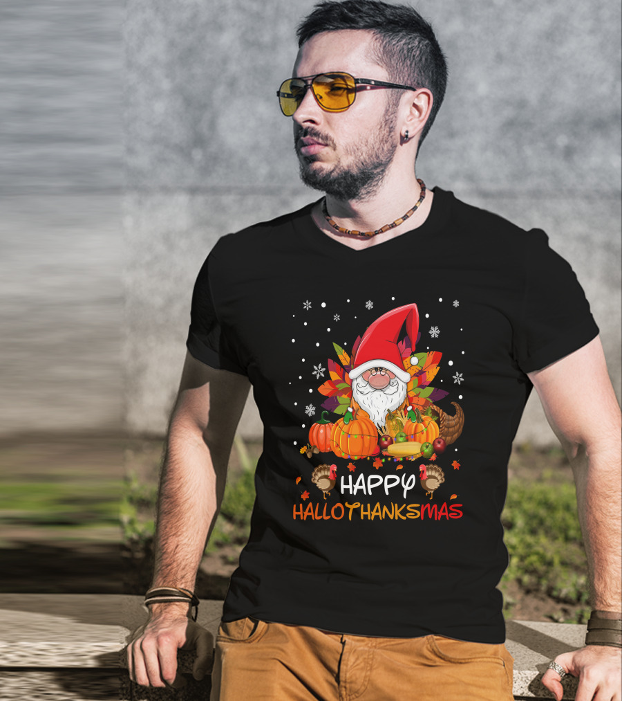 Happy HalloThanksMas Santa Hat Pumpkins Turkeys Cornucopia Snowflakes T-Shirt