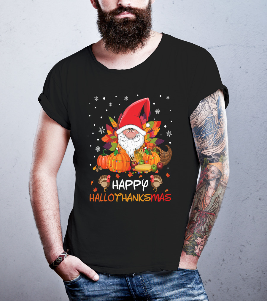 Happy HalloThanksMas Santa Hat Pumpkins Turkeys Cornucopia Snowflakes T-Shirt