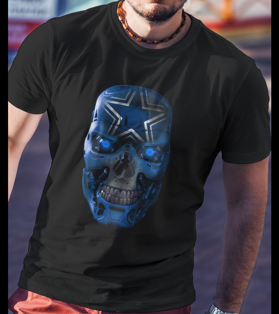 Skull Cowboys Blue Metallic Star Cyborg Helmet T-Shirt