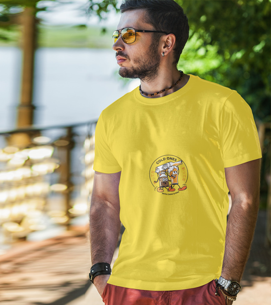 Cold Ones With Chad And Max Cartoon Beers Yellow Background T-Shirt