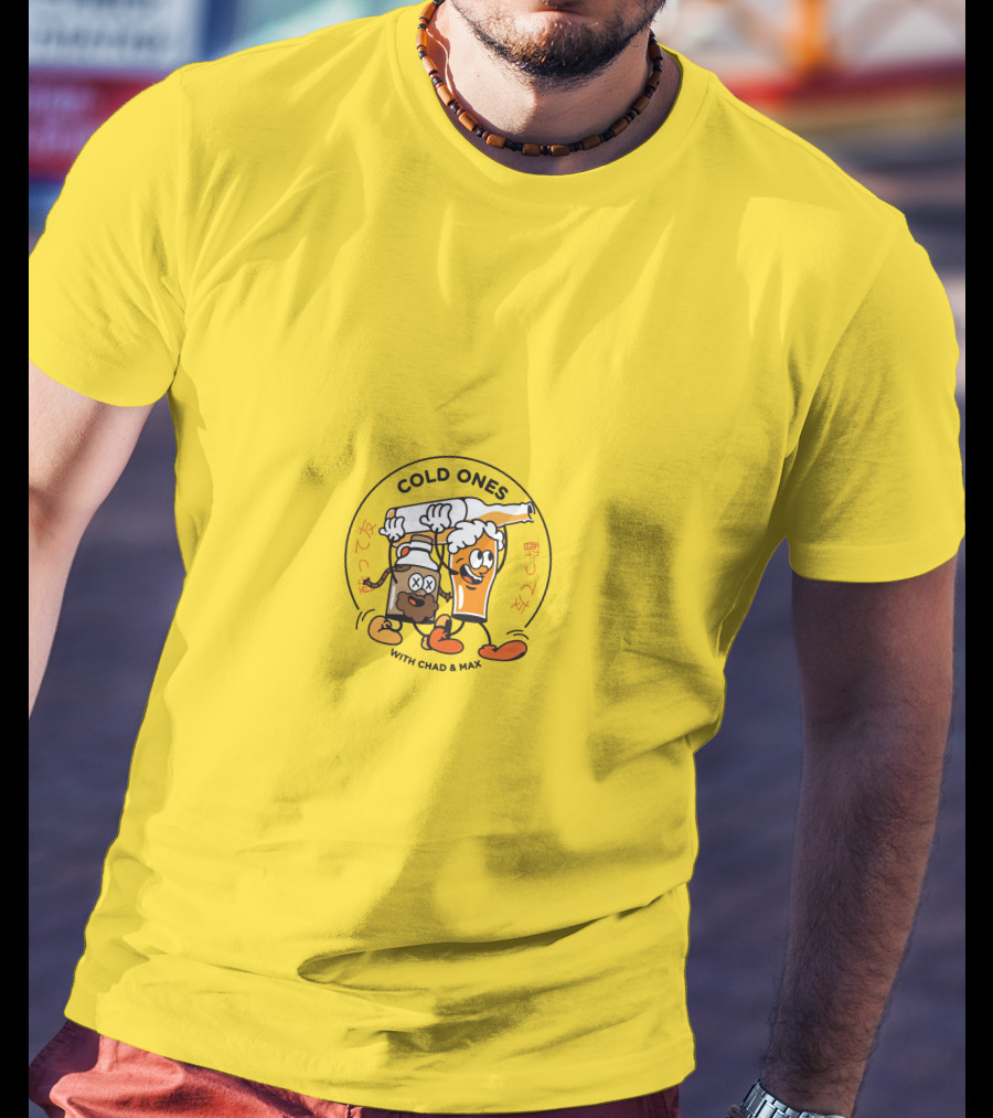 Cold Ones With Chad And Max Cartoon Beers Yellow Background T-Shirt