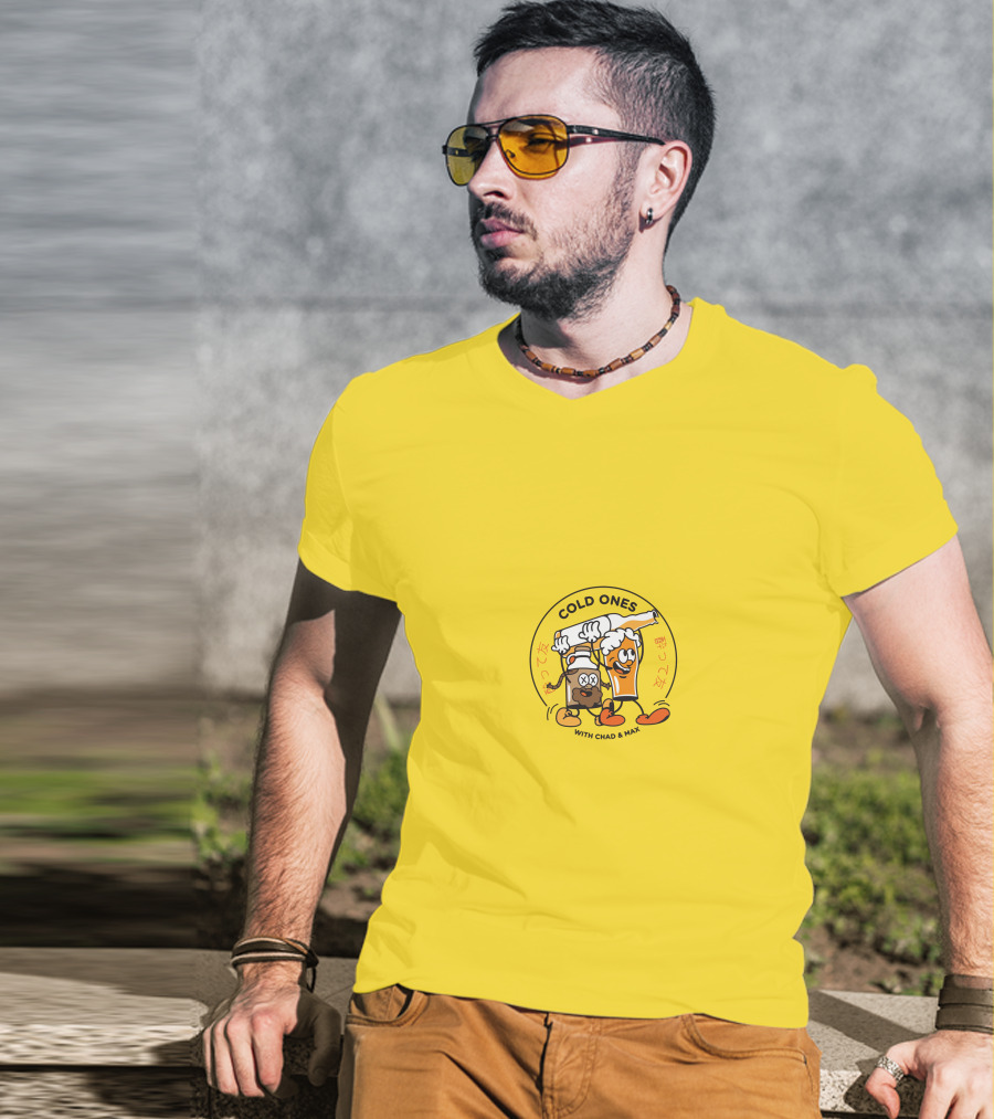 Cold Ones With Chad And Max Cartoon Beers Yellow Background T-Shirt