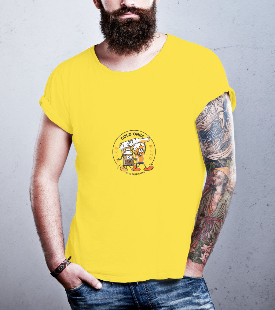 Cold Ones With Chad And Max Cartoon Beers Yellow Background T-Shirt