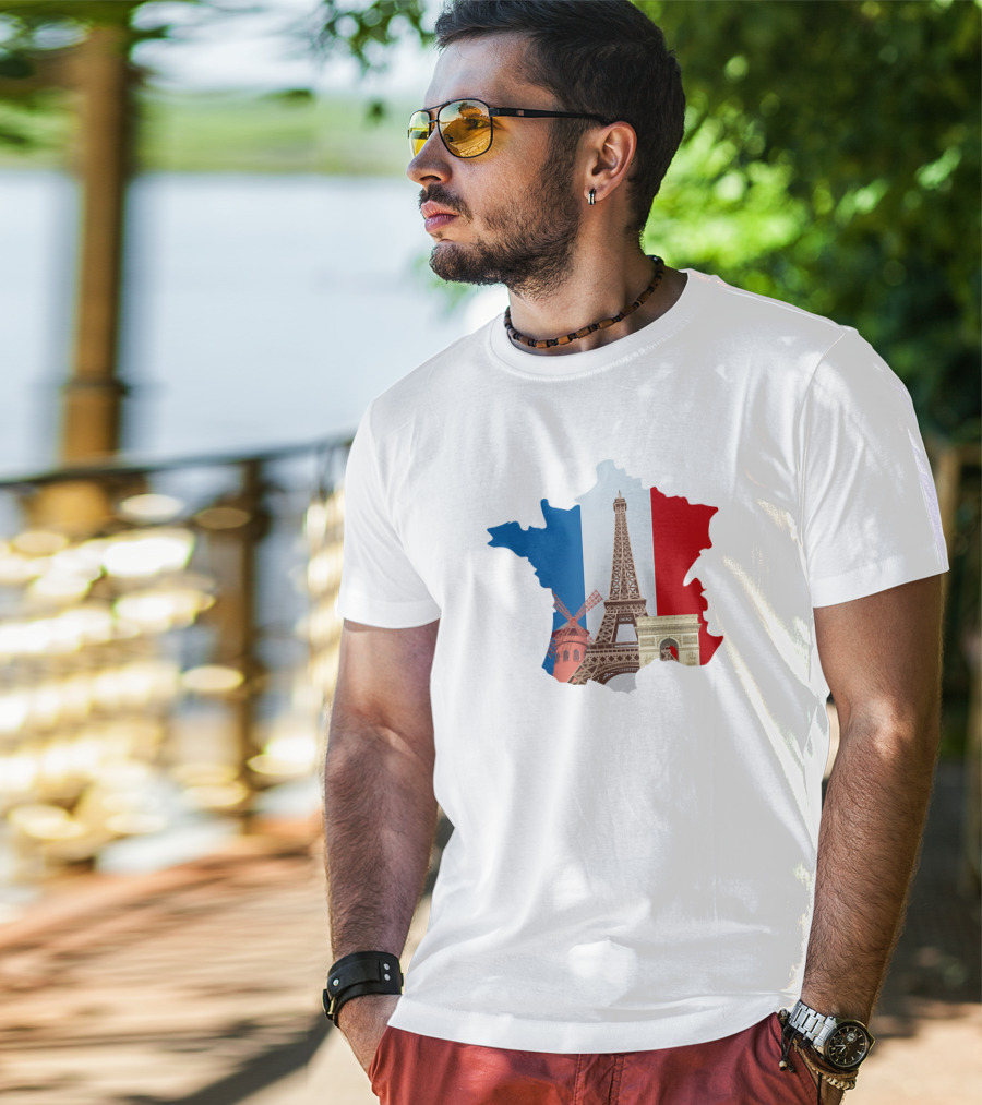 France Map With Eiffel Tower And Moulin Rouge On Tricolor Flag T-Shirt