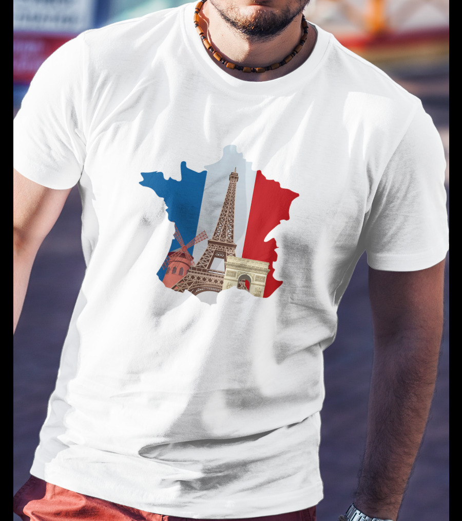 France Map With Eiffel Tower And Moulin Rouge On Tricolor Flag T-Shirt