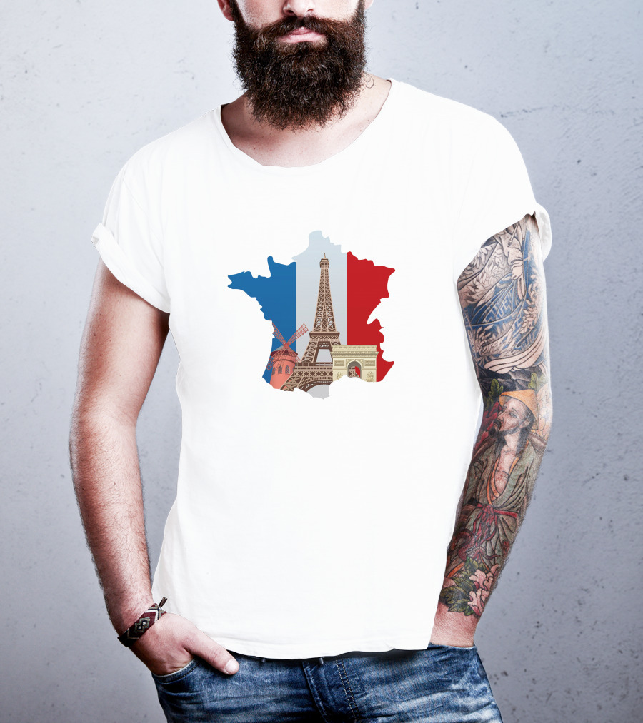 France Map With Eiffel Tower And Moulin Rouge On Tricolor Flag T-Shirt