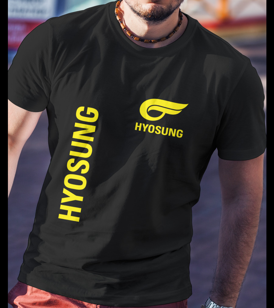 HYOSUNG Logo Stylized Yellow Text Brand T-Shirt