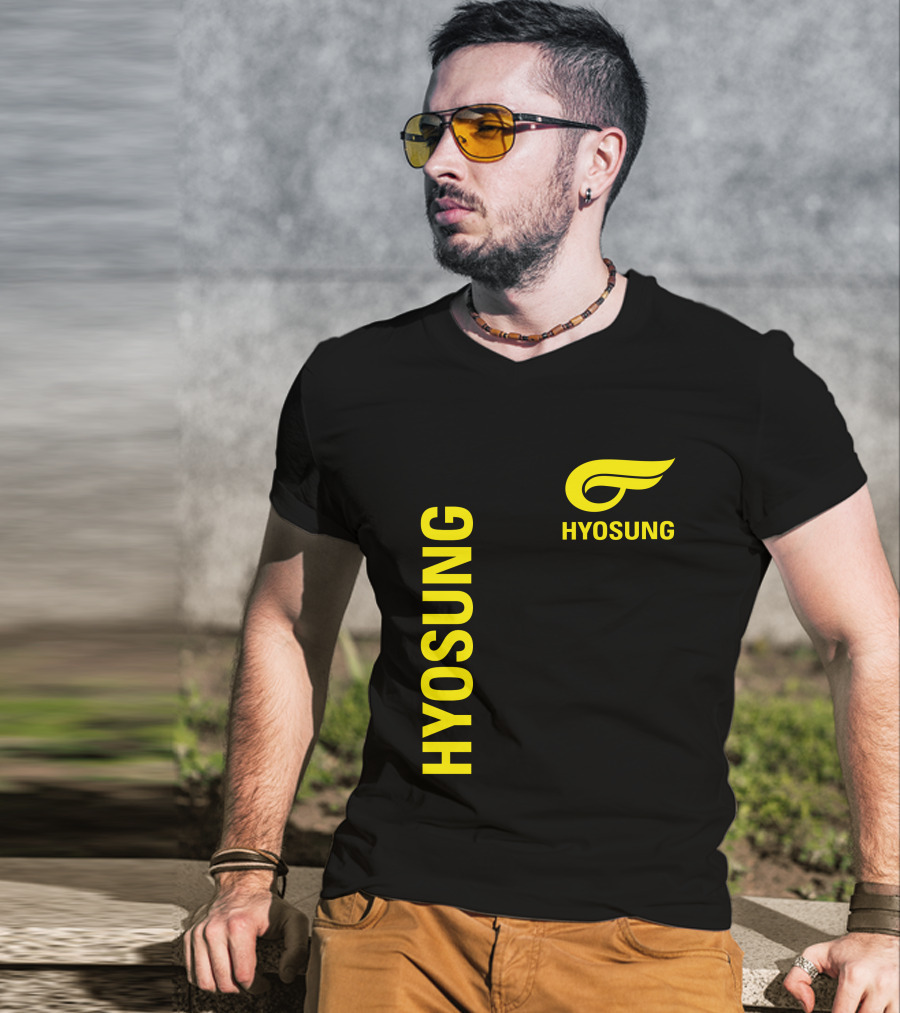 HYOSUNG Logo Stylized Yellow Text Brand T-Shirt