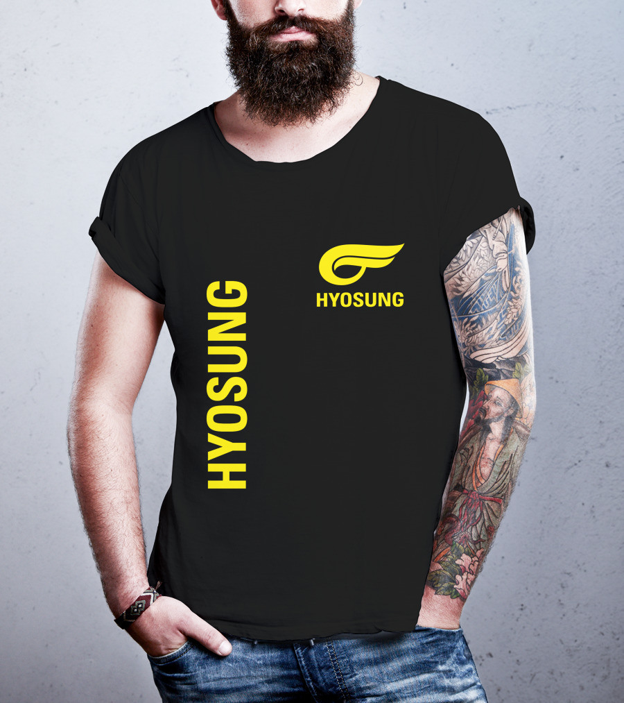 HYOSUNG Logo Stylized Yellow Text Brand T-Shirt