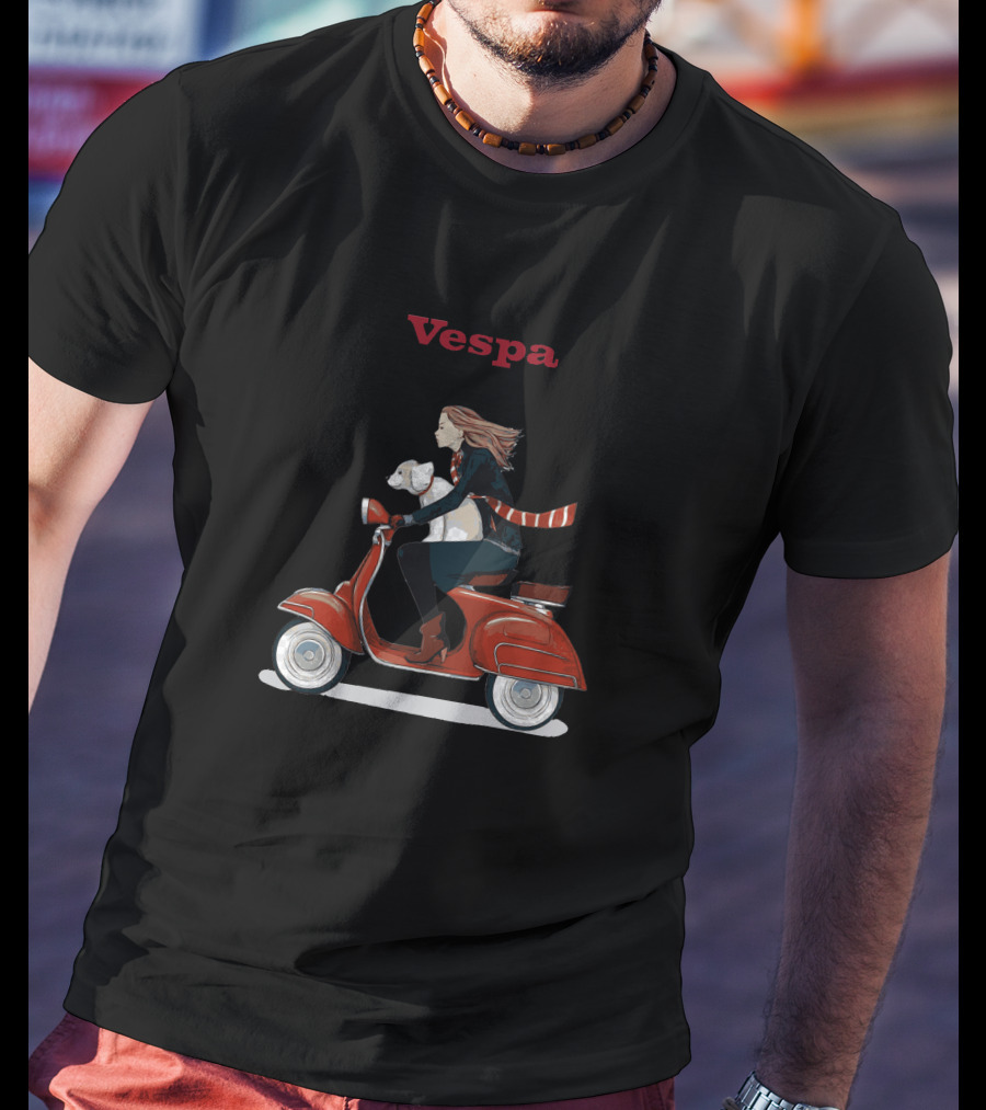 Vespa Red Scooter Woman Dog Pink Background T-Shirt