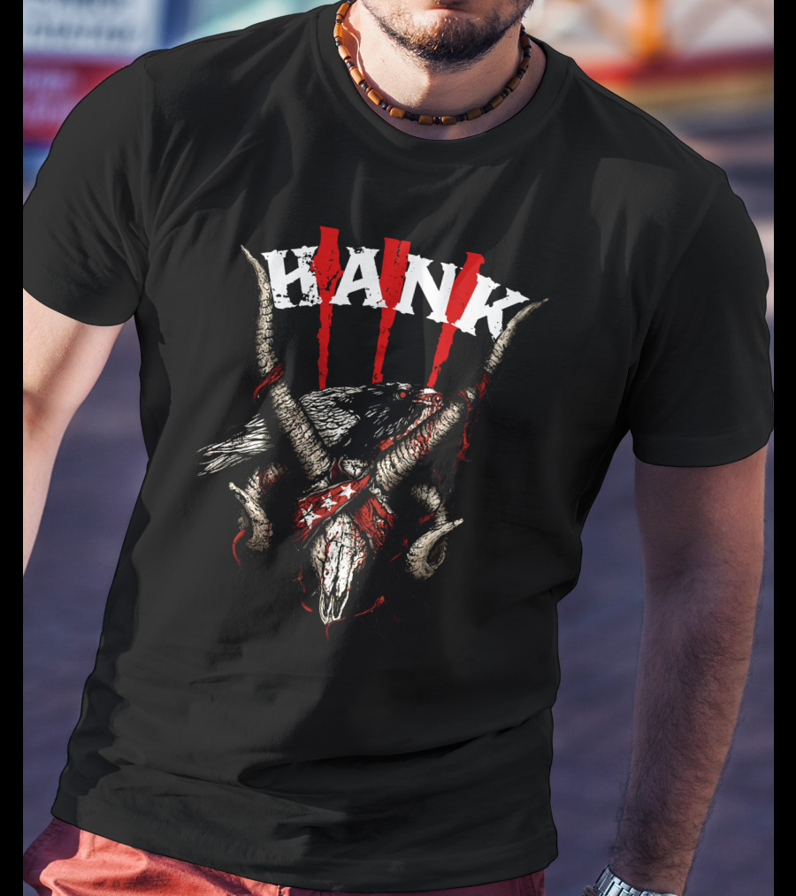 Hank III Bird Skull And Goat Horns Red Stripes T-Shirt