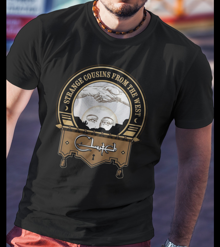 Strange Cousins From The West Clutch Album Art With Handshake And Sun Face T-Shirt