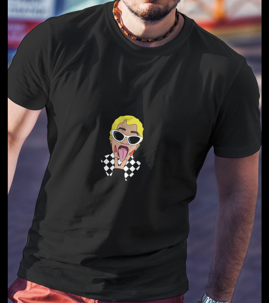 Cardi Yellow Hair Black White Checkered Outfit Sunglasses Tongue Out T-Shirt