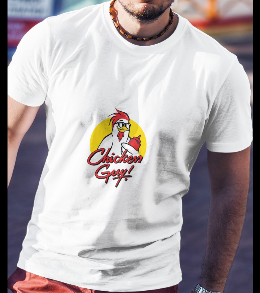 Chicken Guy Holding Sauce Bottle In Yellow Circle T-Shirt