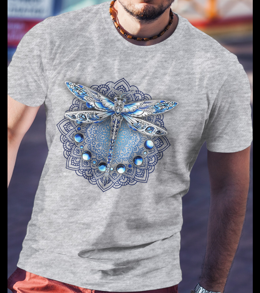 FLY GRADON Intricate Mandala Dragonfly Blue Gem Elements T-Shirt