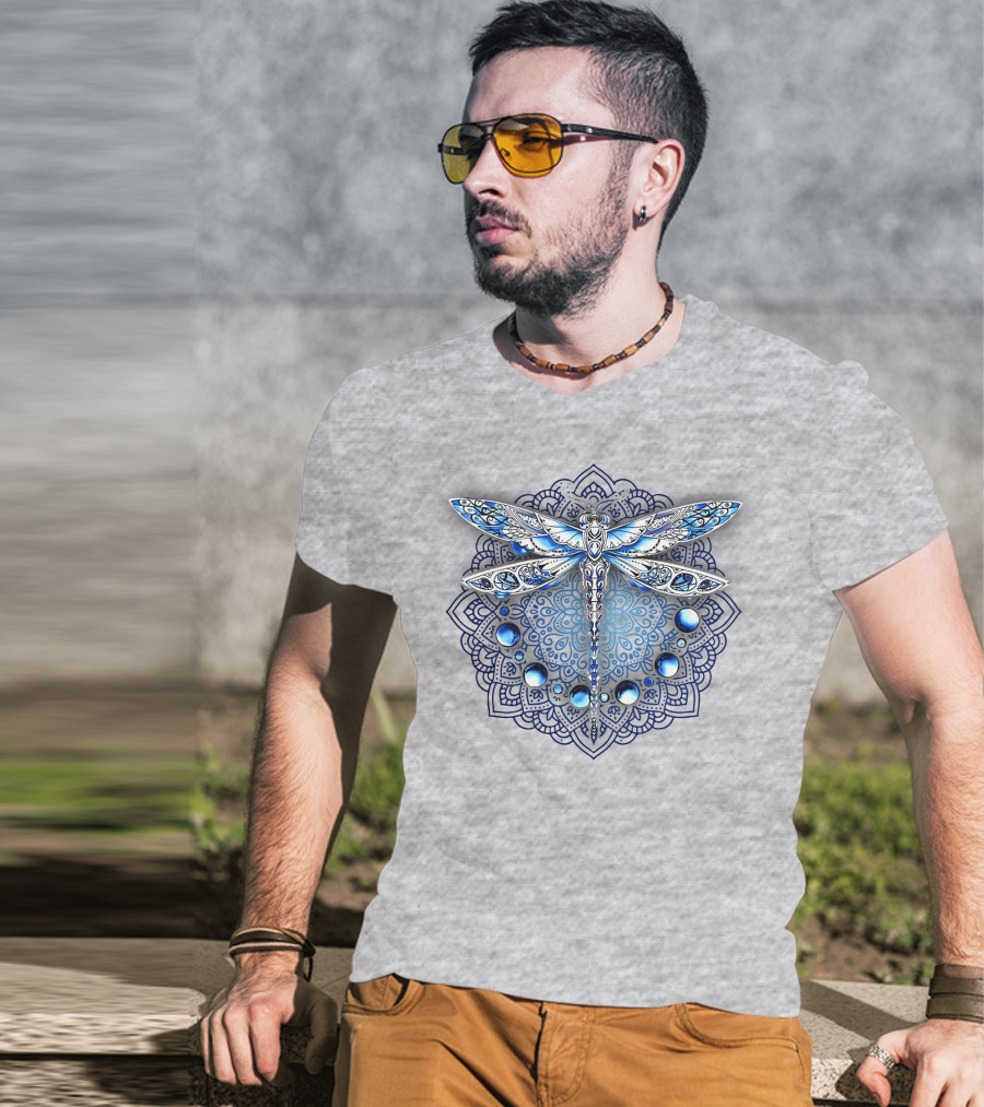 FLY GRADON Intricate Mandala Dragonfly Blue Gem Elements T-Shirt