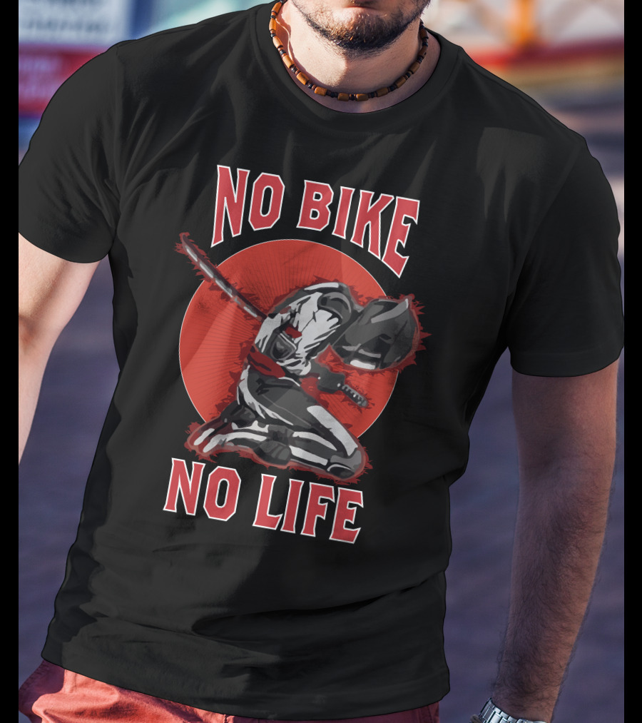 No Bike No Life Skull Bike USA Samurai Kneeling Motorcycle Rider T-Shirt