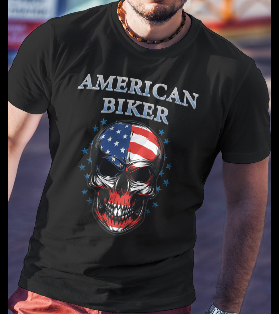 American Biker USA Flag Skull Bike Knight T-Shirt