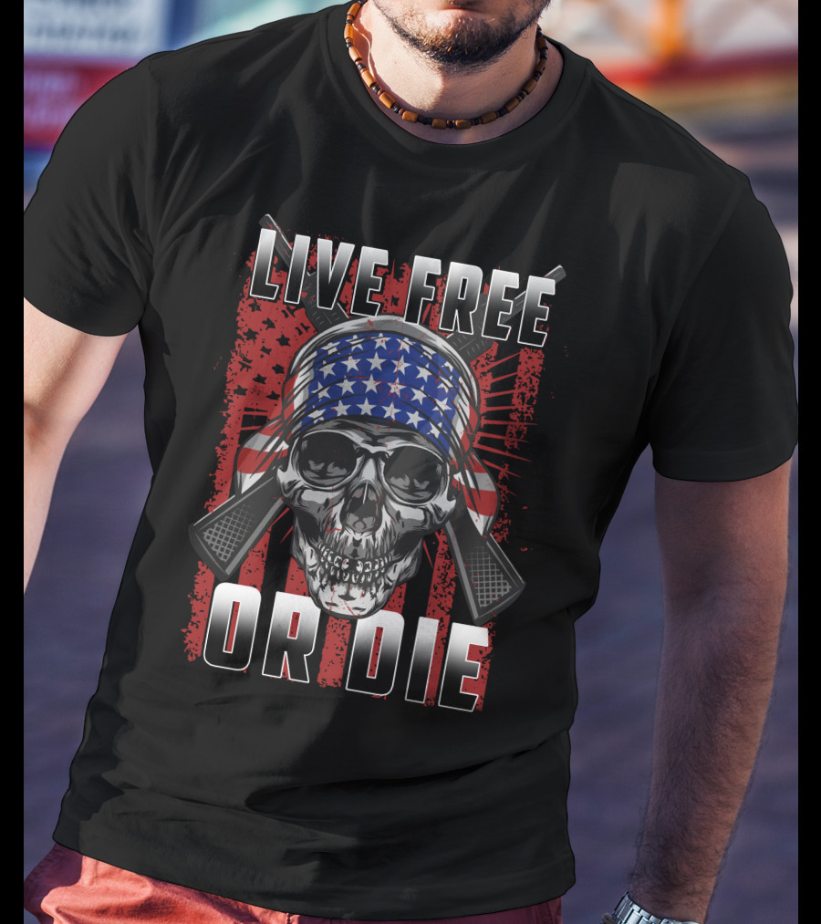 LIVE FREE OR DIE Skull American Flag Bandana T-Shirt