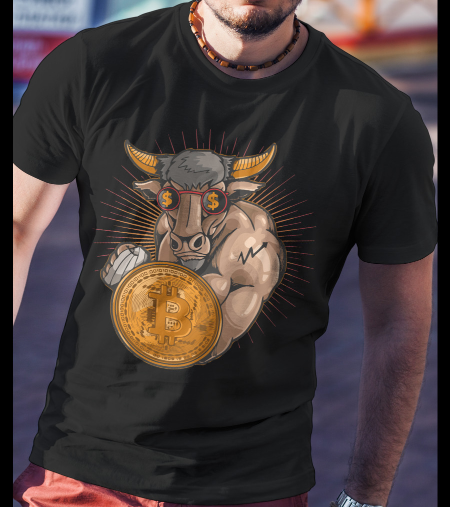 Bull With Bitcoin Shield And Dollar Sign Glasses T-Shirt