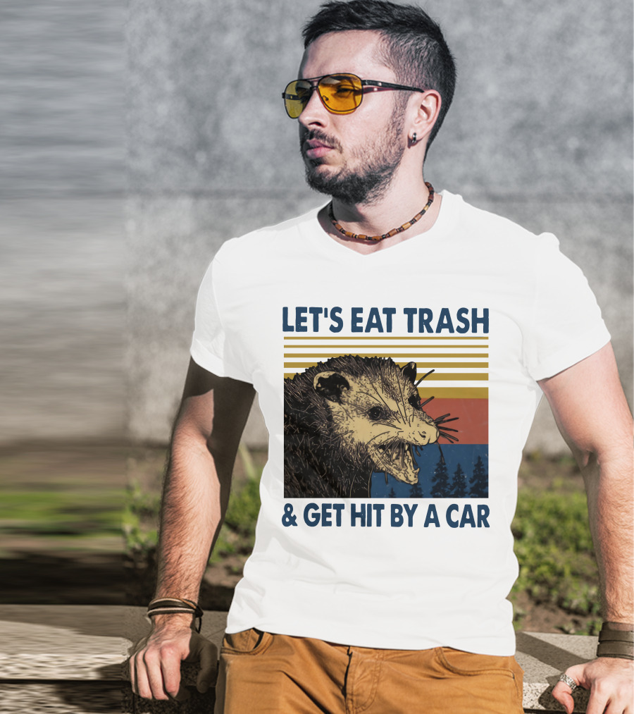 LET'S EAT TRASH And GET HIT BY A CAR Opossum Vintage Retro Stripe Forest T-Shirt