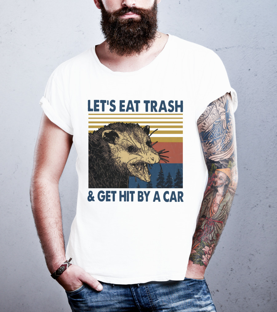 LET'S EAT TRASH And GET HIT BY A CAR Opossum Vintage Retro Stripe Forest T-Shirt