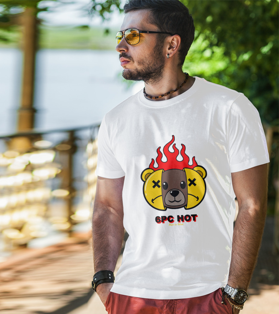 6pc Hot Make On Black Flame Bear T-Shirt