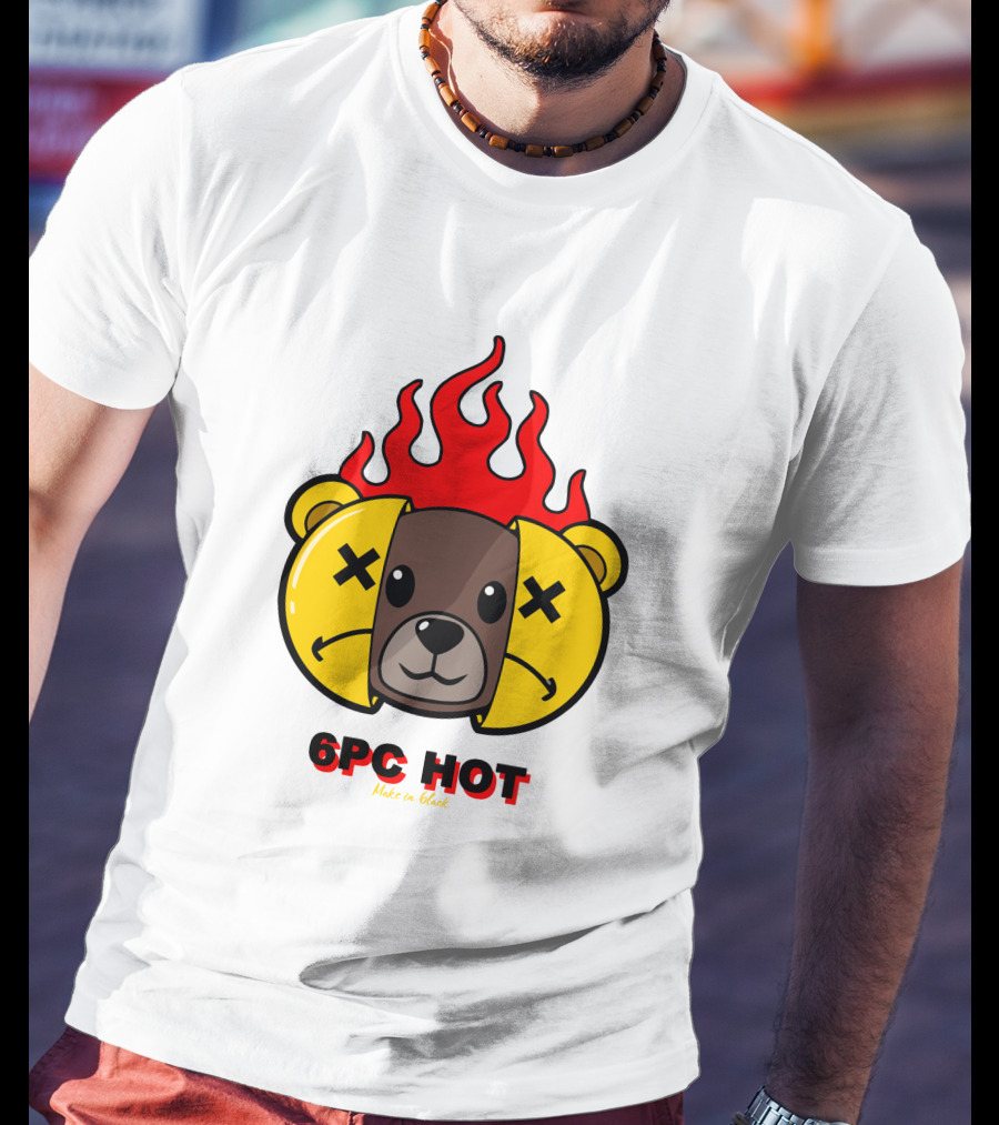 6pc Hot Make On Black Flame Bear T-Shirt