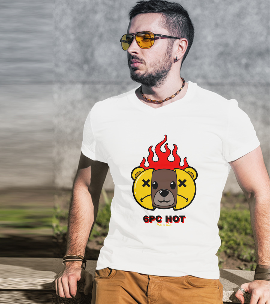 6pc Hot Make On Black Flame Bear T-Shirt