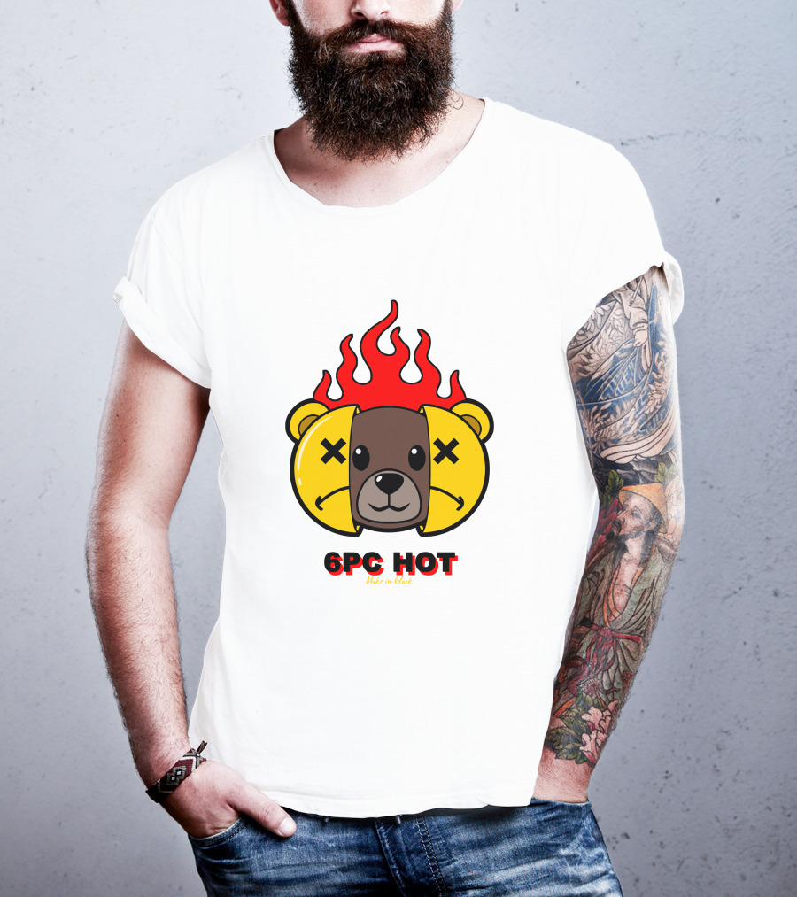 6pc Hot Make On Black Flame Bear T-Shirt