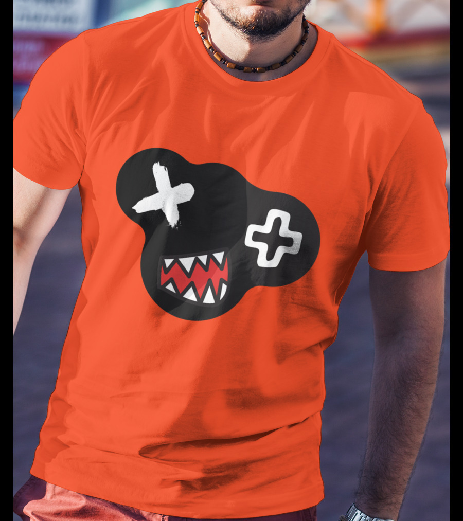 Monstrosity X Plus Mark Teeth Icon On Black Blob Shape T-Shirt