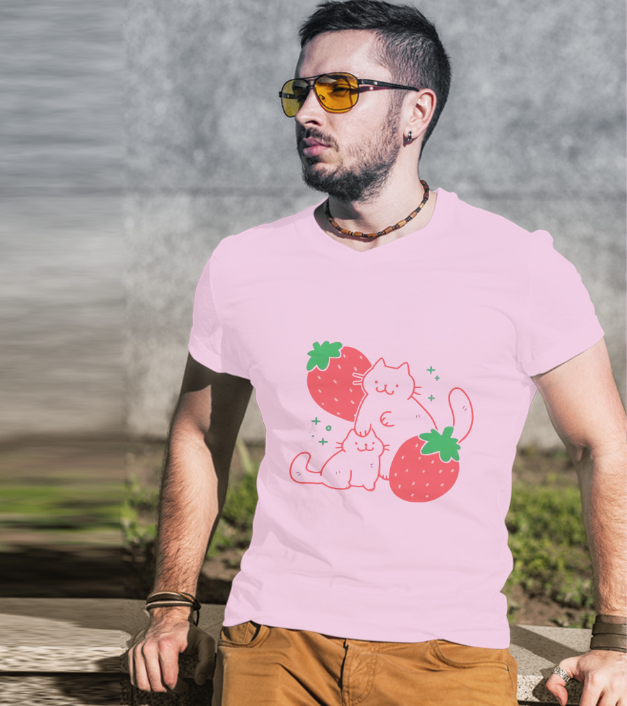 Crowlines Shop Strawberry Cat And Kitten With Stars And Strawberries T-Shirt