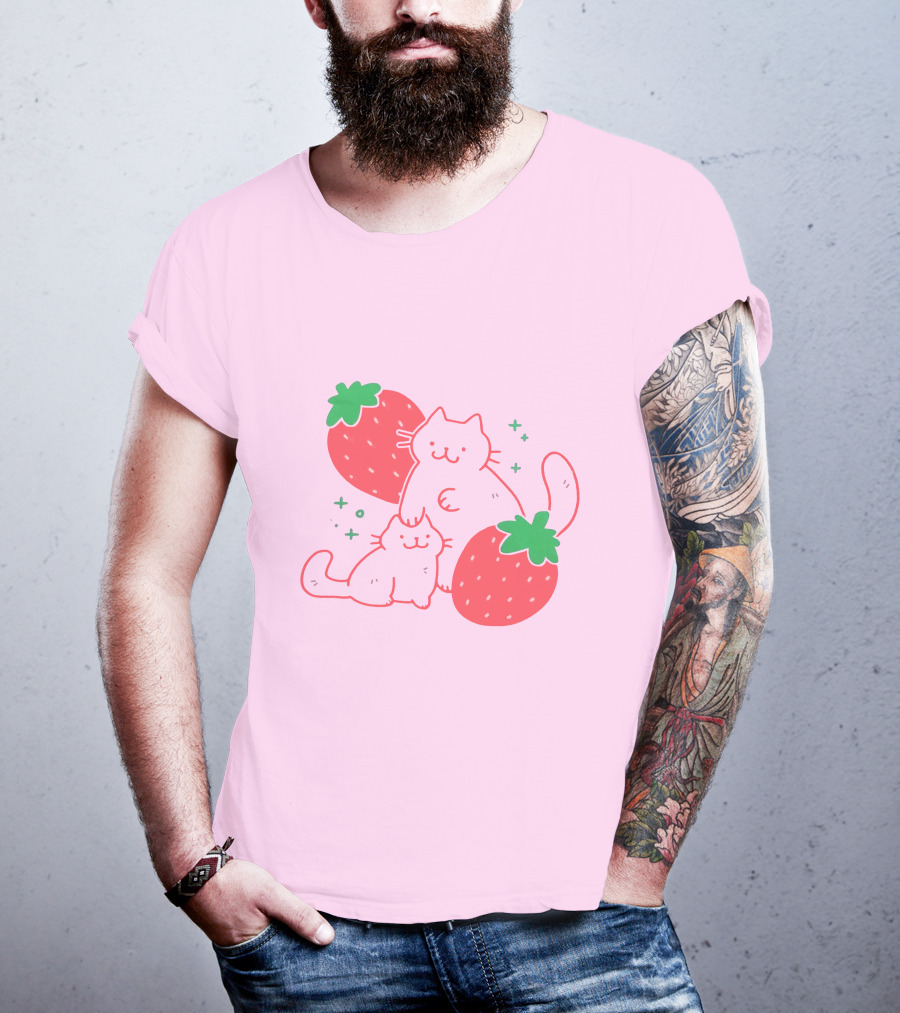 Crowlines Shop Strawberry Cat And Kitten With Stars And Strawberries T-Shirt