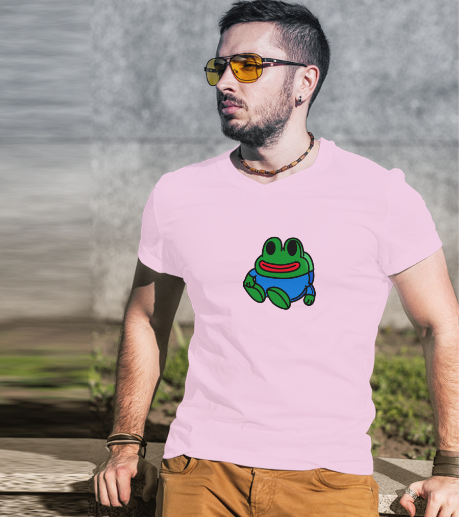 Mizkif Sat REALMizkif Pepe Frog Sitting Cartoon Pink Background T-Shirt