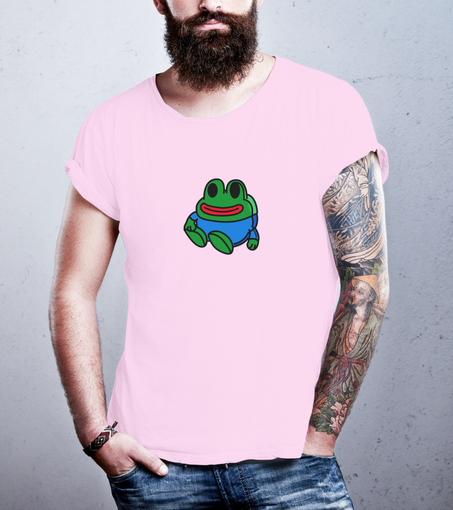 Mizkif Sat REALMizkif Pepe Frog Sitting Cartoon Pink Background T-Shirt