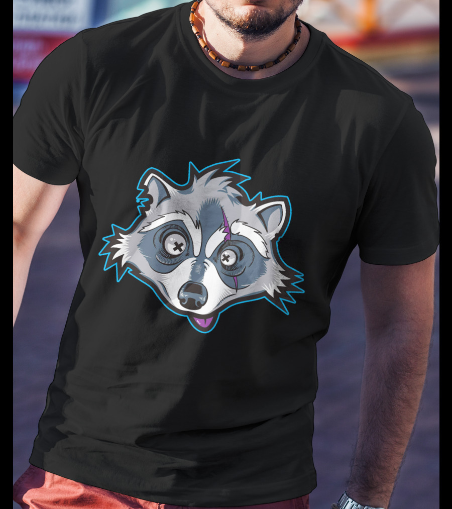 Asimister Raccoon Cartoon With Crossed Eyes And Blue Outline T-Shirt