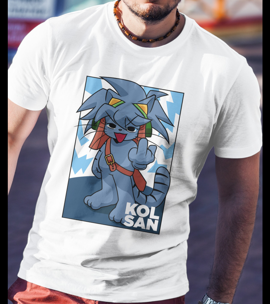 Kolsan Attitude Blue Cat Character With Lightning Bolt Background T-Shirt