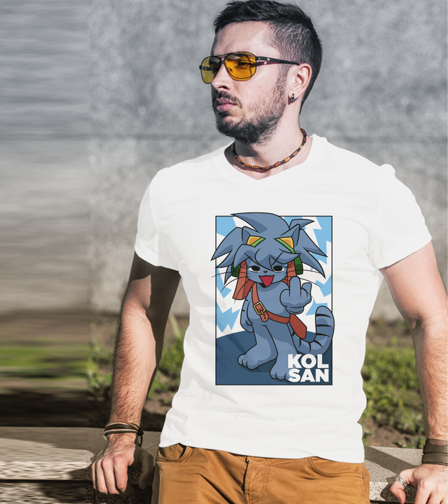 Kolsan Attitude Blue Cat Character With Lightning Bolt Background T-Shirt