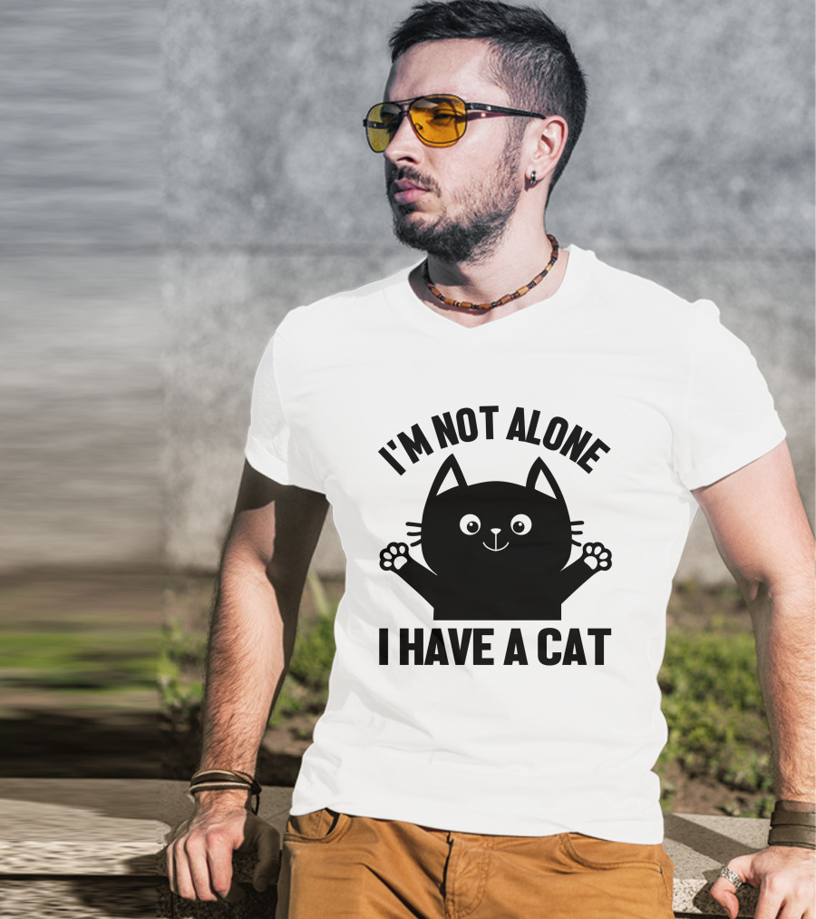 I'm Not Alone I Have A Cat Black Cartoon Cat Paw T-Shirt