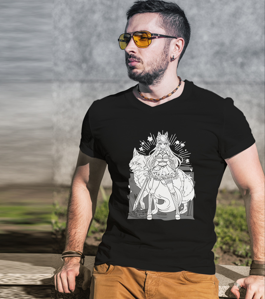 Shark Robot Silvervale Vshojo Warrior With Wolf Companion T-Shirt