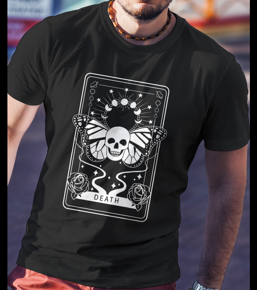 Ihascupquake New Beginnings Death Tarot Skull Butterfly Roses Moon Phases T-Shirt