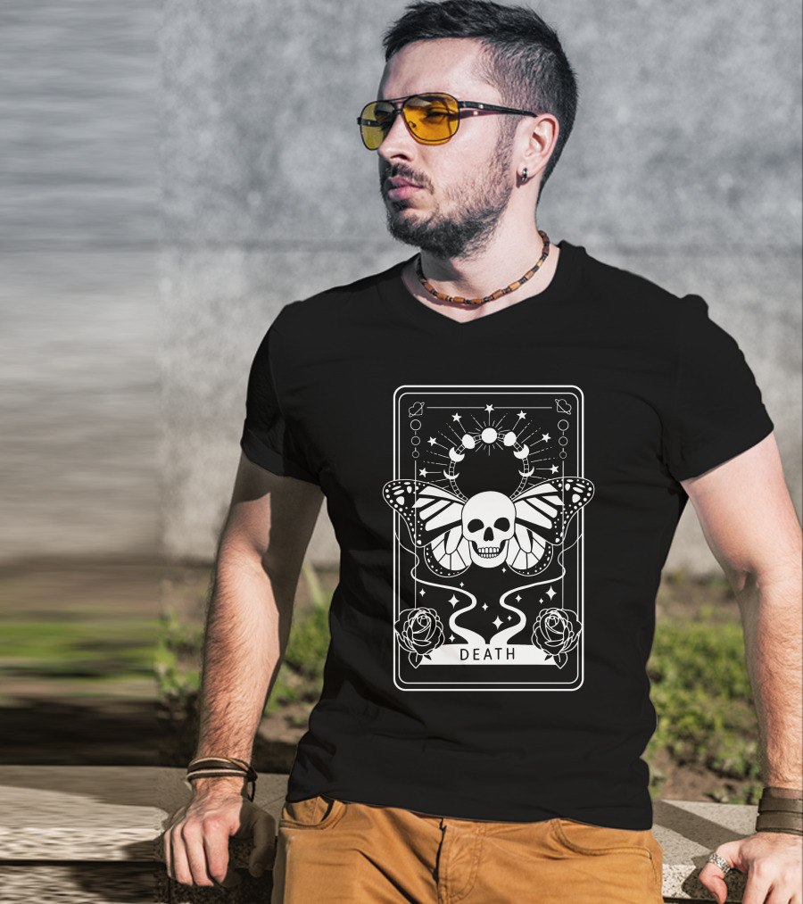 Ihascupquake New Beginnings Death Tarot Skull Butterfly Roses Moon Phases T-Shirt