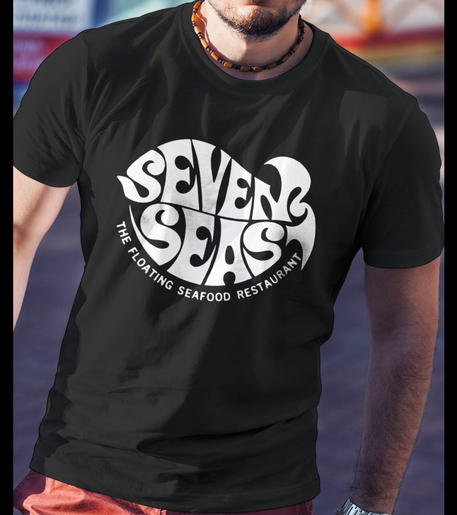 Seven Seas The Floating Seafood Restaurant Retro Psychedelic Typography T-Shirt