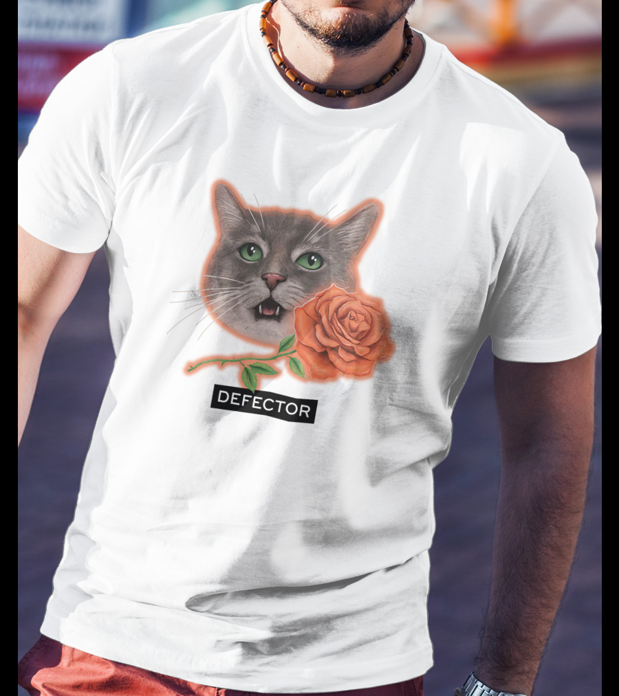 Defector Grey Cat With Orange Rose T-Shirt
